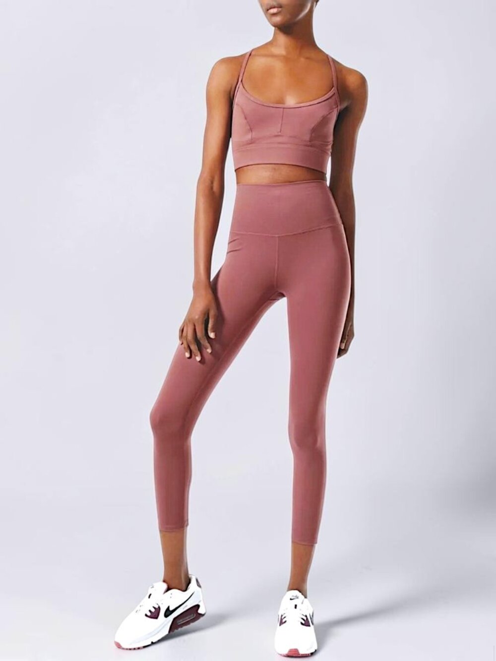 Anthropologie Varley set gym bra & high rise ankle leggings rose brown mauve S/M